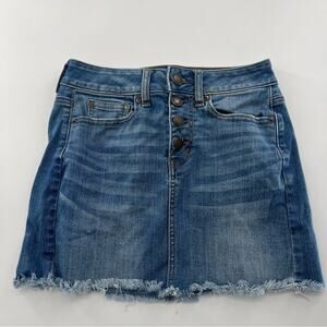 American Eagle Mini Skirt Blue Jean Denim Button Fly LONG Women’s 00